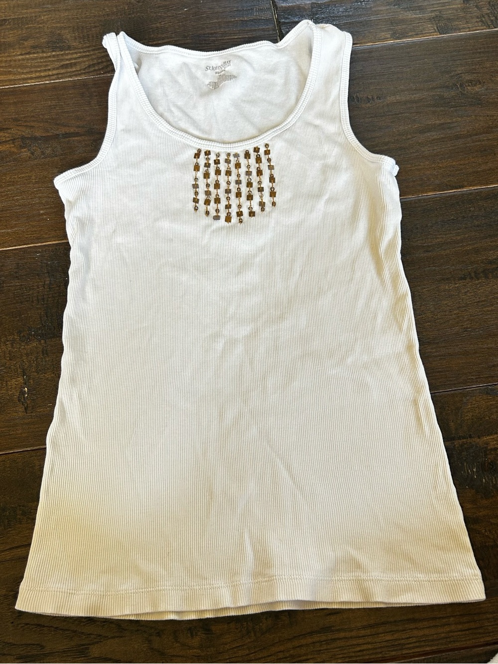 St. John's Bay White Tank Top with Gold Bead Fringe